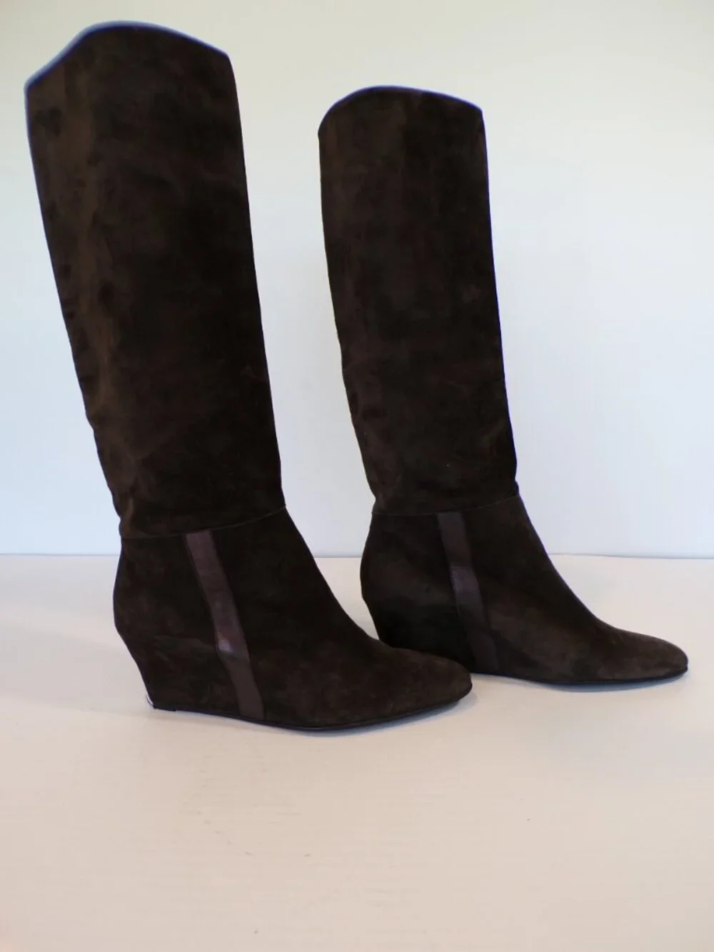 Robert Clergerie Women's Brown Black Suede Knee High Wedge Boots Size 10